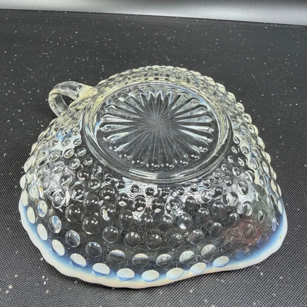Anchor Hocking Moonstone Hobnail Opalescent Glass Bowl Ruffled Edge W‎ Handle